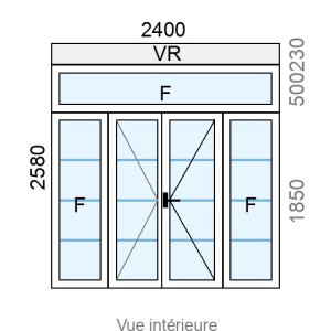 Porte-fenêtre Alu 2 vantaux + 2 Fixes latéraux  + imposte Fixe L2400 x H2350