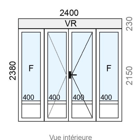 Porte-fenêtre PVC 2 vantaux + 2 fixes latéraux L2400 x H2150