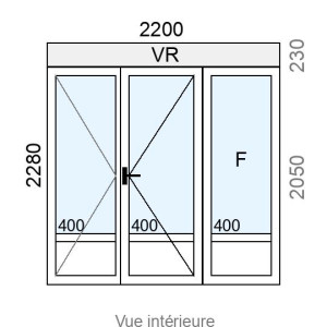 Porte-fenêtre PVC 2 vantaux + Fixe latéral L2200 x H2050