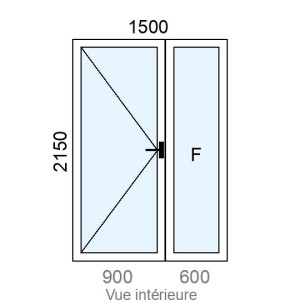 Porte-fenêtre PVC 1 vantail  +  Fixe latéral  L1500 x H2150