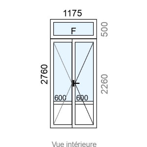 Porte-fenêtre PVC plaxé 2 vantaux  + imposte Fixe L1175 x H2760