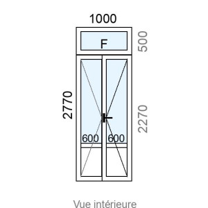 Porte-fenêtre PVC plaxé 2 vantaux  + imposte Fixe L1000 x H2770